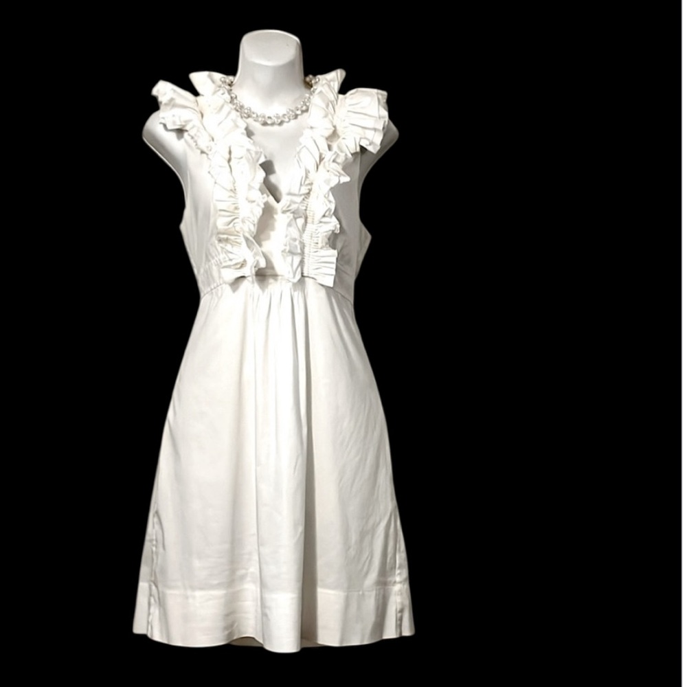 BCBGMAXAZRIA Woman’s White Cream V Neck Ruffle Sleeveless Mini Dress Sz S